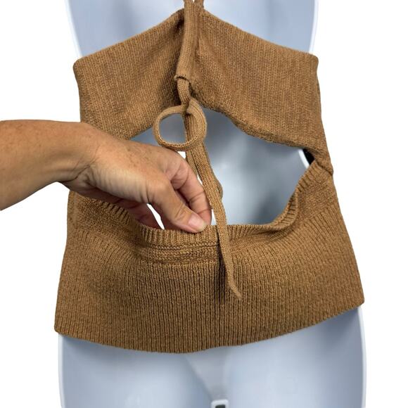 Express Top Womens Large Tan Knit Halter Sweater Tank Open Back Y2K Coastal - Picture 9 of 14